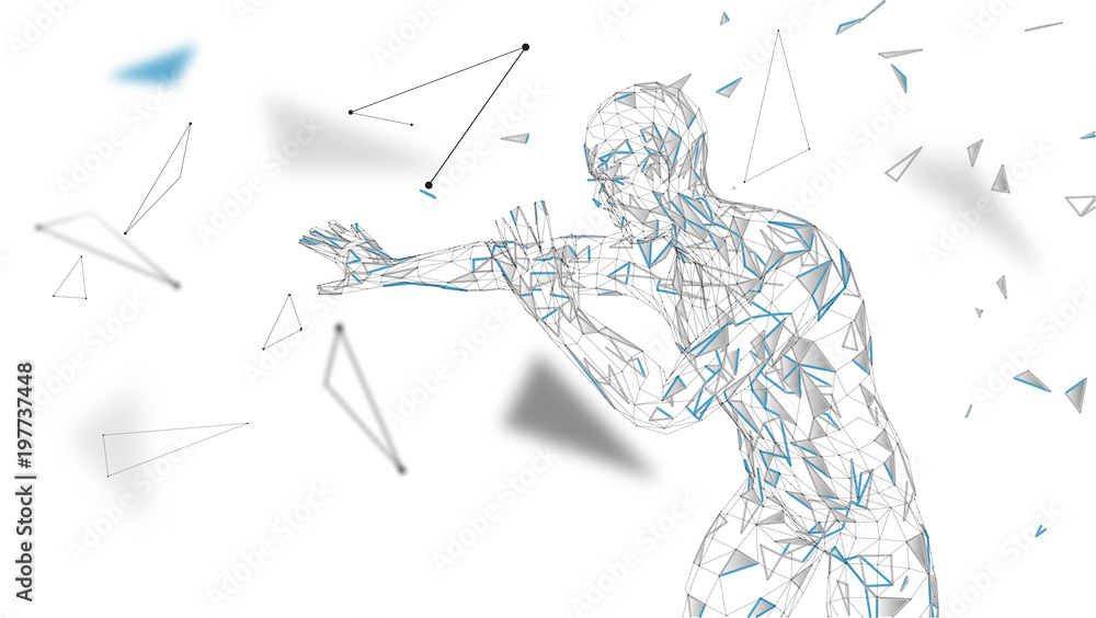 Poster conceptual abstract man is afraid of fear. connected lines, dots, triangles, particles. artificial i