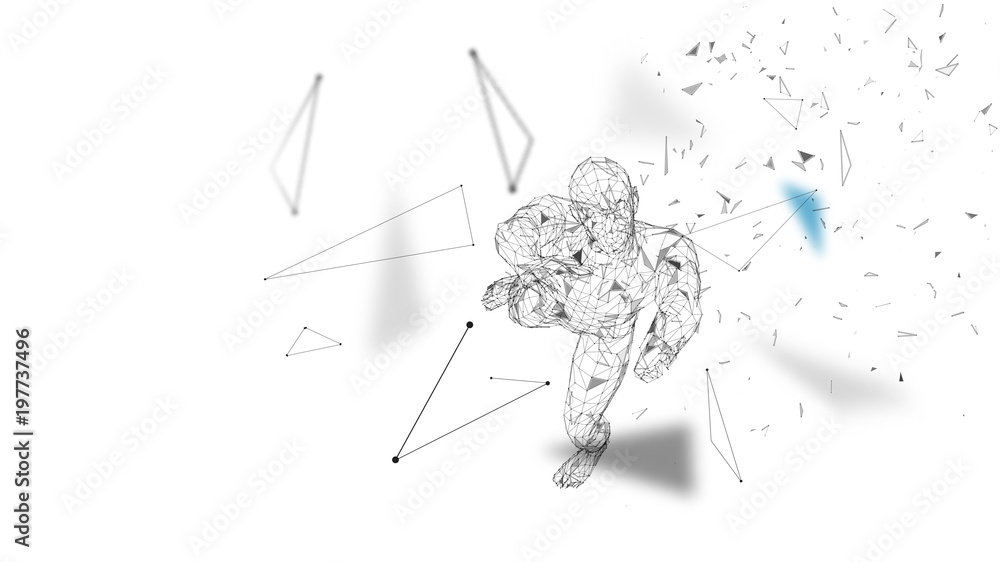 Poster conceptual abstract man with hands up. connected lines, dots, triangles, particles. artificial intel