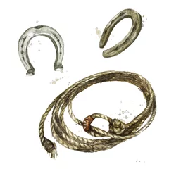 Gordijnen Lasso touw en hoefijzer. Aquarel illustratie. © nataliahubbert