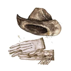 Poster Im Rahmen Paar Handschuhe und Cowboyhut. Aquarell Abbildung. © nataliahubbert