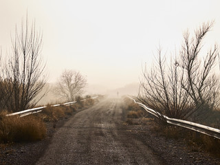 Rural road entering the fog, with one person in the background