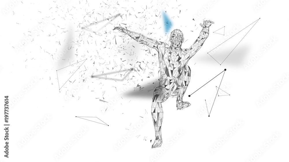 Poster conceptual abstract man in a jump. connected lines, dots, triangles, particles. artificial intellige