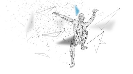 Naklejka premium Conceptual abstract man in a jump. Connected lines, dots, triangles, particles. Artificial intelligence concept. High technology vector, digital background. 3D render vector illustration.