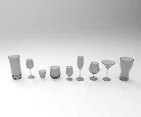 A 3d rendering of different glasses for different occasions, without shadow