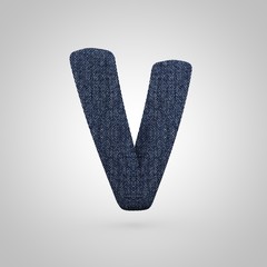 Jeans letter V uppercase with blue denim texture isolated on white background.