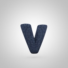 Jeans letter V lowercase with blue denim texture isolated on white background.