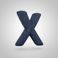 Jeans letter X uppercase with blue denim texture isolated on white background.