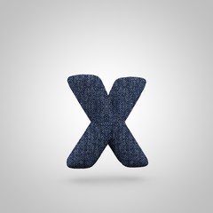 Jeans letter X lowercase with blue denim texture isolated on white background.
