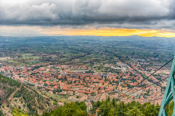 Aerial view over the roofs of Gubbio at sunset, Italy