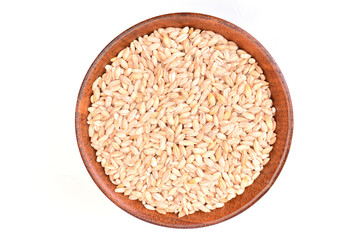 Pearl barley in the wood bowl  on a white background