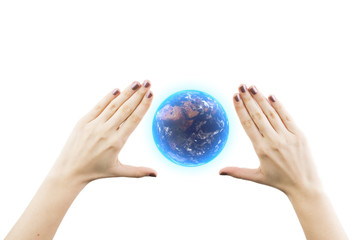 Woman Hand Holding 3D Rendering Of The Earth Isolated On White Background
