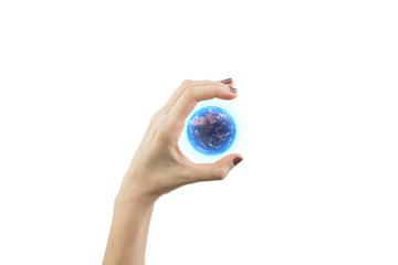 Woman Hand Holding 3D Rendering Of The Earth Isolated On White Background