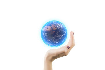 Woman Hand Holding 3D Rendering Of The Earth Isolated On White Background