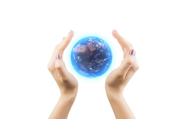 Woman Hand Holding 3D Rendering Of The Earth Isolated On White Background