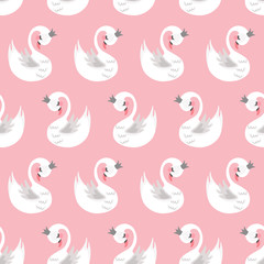 Seamless swan princess pattern. Cute princess swan. Cartoon hand drawn vector illustration. 