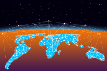 Global international satellite internet and communication system. Earth in space with all continents and nodes connected by lines. Transnational global business and money transactions.