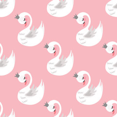 Seamless swan princess pattern. Cute princess swan. Cartoon hand drawn vector illustration. 