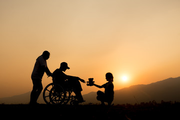 Fototapeta na wymiar Happy boy in wheelchair with friend on sunset. Happy disabled child concept