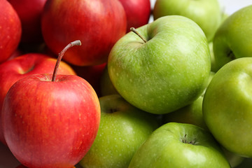 Fresh green and red apples, closeup