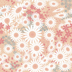 Fototapeta na wymiar Daisy floral seamless pattern with strokes and dotted