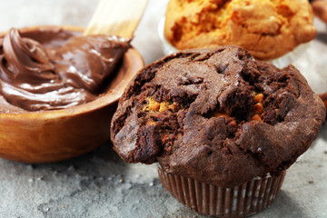 Chocolate muffin and nut muffin, homemade bakery on grey background