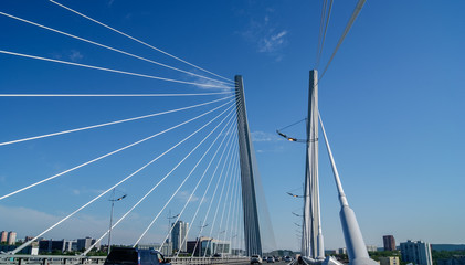 Close up of cable stayed bridge against blue sky