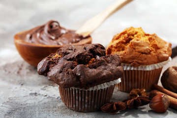 Chocolate muffin and nut muffin, homemade bakery on grey background
