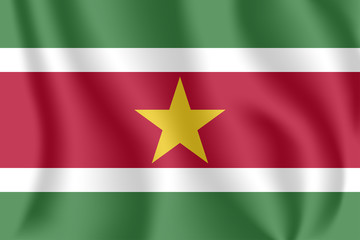 Flag of Suriname. Realistic waving flag of Republic of Suriname. Fabric textured flowing flag of Suriname.