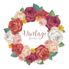 Vintage rose and peonies flowers vector round frame on white background