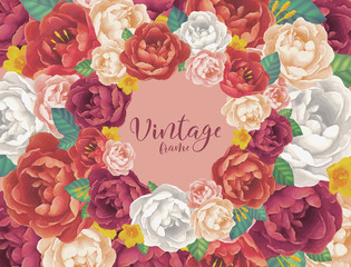 Red, white and purple peony flowers vector vintage card floral background