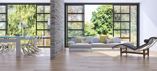 Modern bright interiors apartment 3D rendering illustration