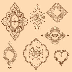 Henna tattoo flower template and border. Mehndi style. Set of ornamental patterns in the oriental style.