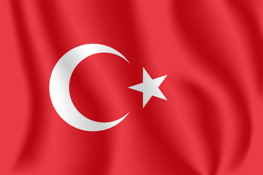 Flag of Turkey. Realistic waving flag of Republic of Turkey. Fabric textured flowing flag of Turkey.