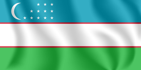 Flag of Uzbekistan. Realistic waving flag of Republic of Uzbekistan. Fabric textured flowing flag of Uzbekistan.