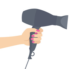 Elegant Woman Hand Holding Blow Dryer with Polished Finger Nails Flat Vector Illustration Isolated on White
