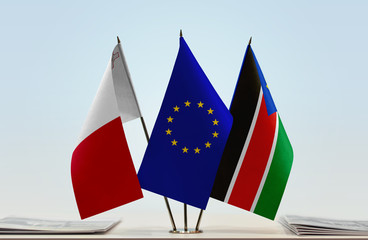 Flags of Malta European Union and South Sudan