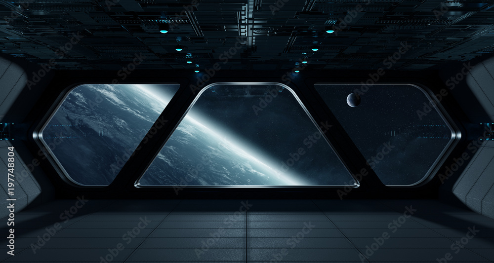 Poster Spaceship futuristic interior with view on planet Earth