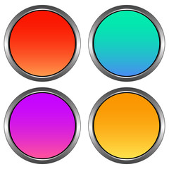 Circular, gradient buttons with a metallic outline. Shiny design. Four variations. Isolated on white
