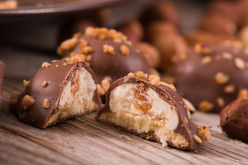 Chocolate truffles with caramel cream filling. 