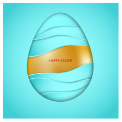 Golden Easter egg and aqua color waves on blue background. Red congratulatory text Happy Easter. 3d vector card. Minimalist design with simols of water, ocean, sea, purity, life and Christianity.