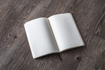 Blank book mock up, catalog, magazines, brochure, or note cover template, white paper texture on wood table