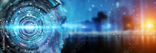 Cyborg head using artificial intelligence to create digital interface 3D rendering