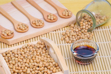 soy sauce,soy seeds in wooden  and glass dishware