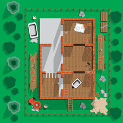 Building brick house. View from above. Vector illustration.