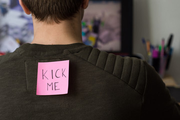 1 april fools day. Funny day. April fish. Prank. Inscriptions on the back. Stickers with jokes. Tric at work. Fun colleagues.