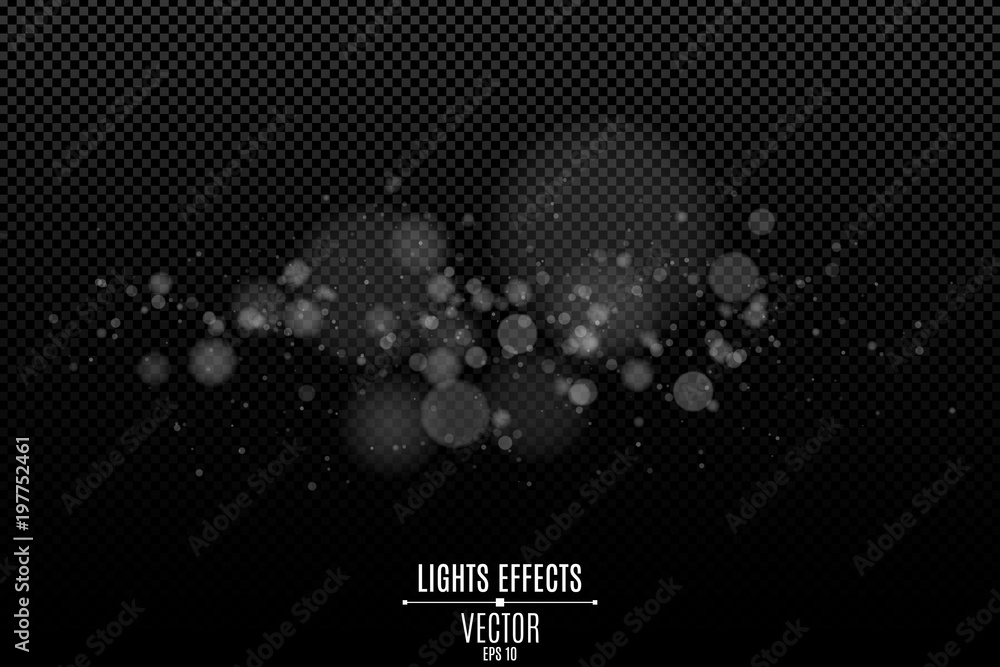Poster white bokeh lights on a transparent background. light effect for your design. glares from the camera