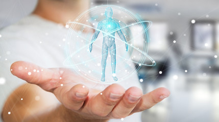 Businessman using digital x-ray human body scan interface 3D rendering
