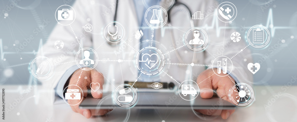 Aufkleber doctor using digital medical futuristic interface 3d rendering