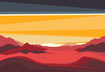 Landscape with Mars mountains in sunset light. Red terrestrial exo planet. Panoramic evening view from the valley. Futuristic scenery. Vector space illustration in comics style