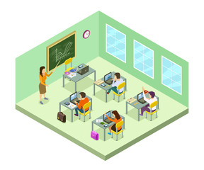 School education isometric design with teacher and pupil at the lesson. Learning process in the classroom vector illustration.